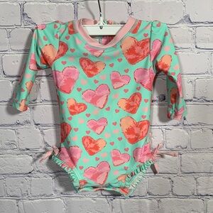 Ruffle Butts Baby Girls Long Sleeve Swim Suit Heart Pink & Blue Size 3-6M Beach